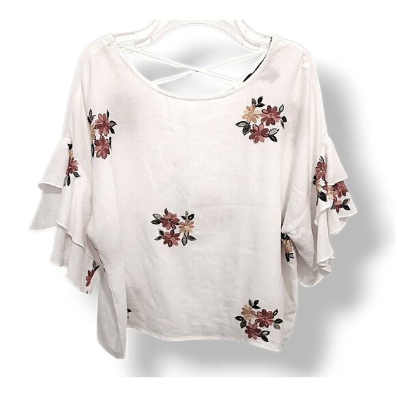 VNTG Forever 21 FLORAL EMBROIDERED Top Size M White Bohemian Festival Cropped 9 - Picture 1 of 15